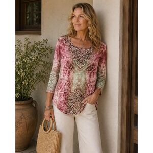 World Unity‎ Pink Paisley Medallion Rhinestone 3/4 Sleeve Boho Top Large